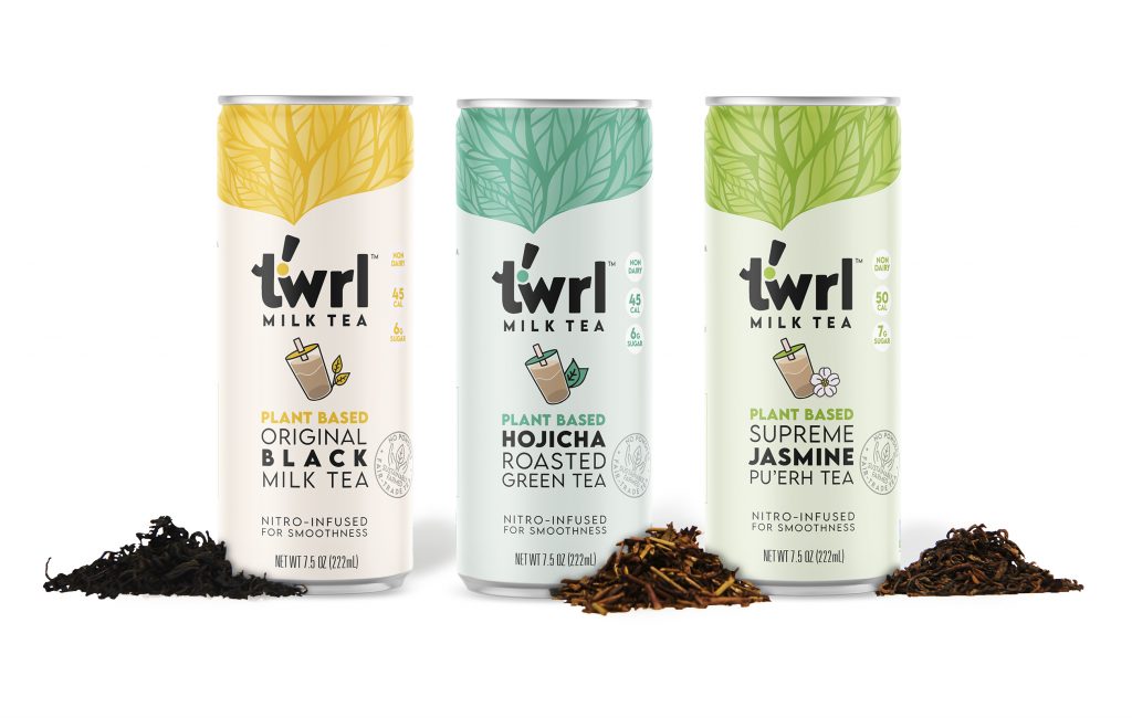 Twrl Milk Tea offers three flavors of its canned pea milk tea: Original Black, Hojicha Roasted Green and Supreme Jasmine. Three cans of tea with tea leaves next to them. (Photo courtesy Twrl Milk Tea)